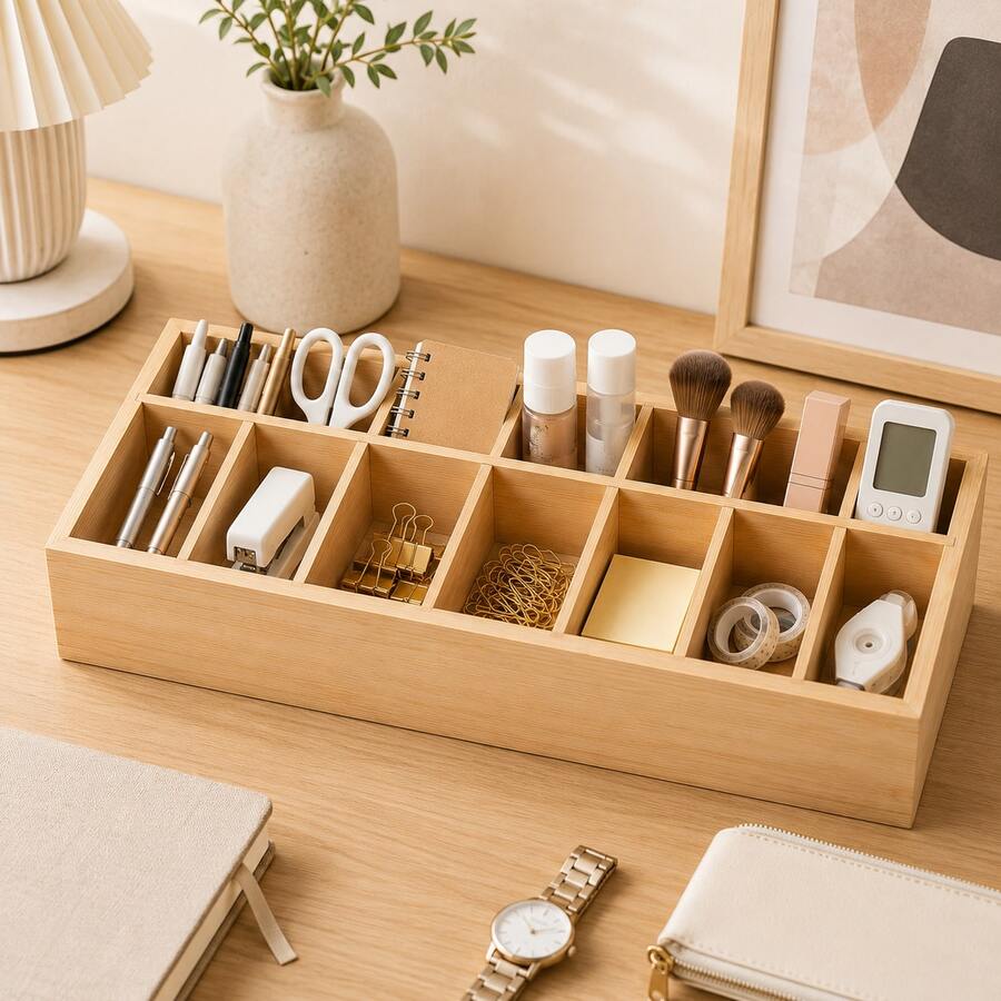 1pc Wooden Multi-Compartment Desktop Storage Box, Open-Top Storage Tray, Suitable For Cosmetics, Jewelry, Office Supplies, Craft Tools And Small Accessories - Apricot - View 1