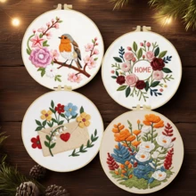 1件 20*20cm/7.9*7.9in 美麗花鳥刺繡套件，DIY手工刺繡套裝，適合成人初學者，居家禮物、女性縫藝禮物，含使用說明書、印花布料、刺繡框、針與線 - Beautiful Flowers and Birds - 查看 3