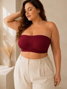 1pc Plus Size Women's Burgundy Strapless Wire-Free Bra, Front Ruched Waist, Back Honeycomb Mesh, Removable Padding Seamless Bandeau Lingerie - Red - View 3