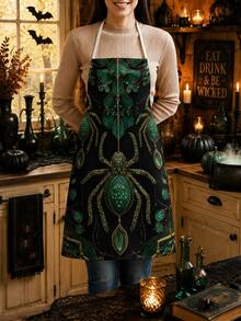 1pc/2pcs Vintage Halloween Green Gemstone Spider Apron, Dark Style Black Kitchen Apron, Faux Linen Printed Apron, Cooking Baking Grilling Apron, Gothic Style Holiday Party Home Decor Apron - Multicolor - View 5