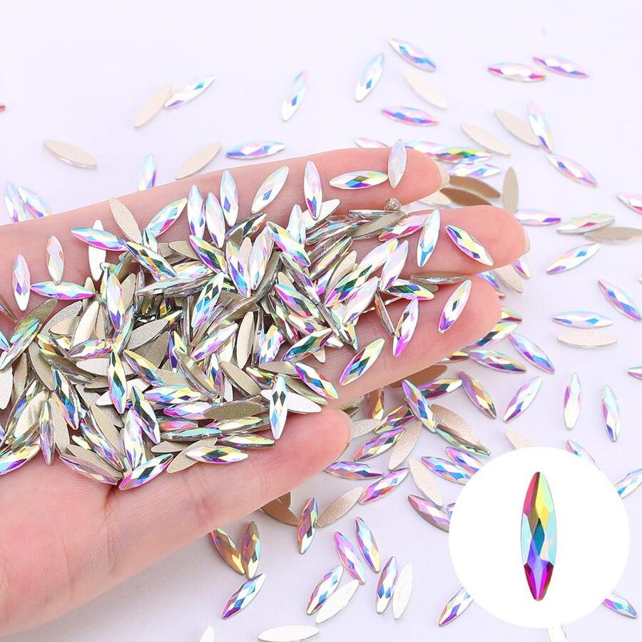 100pcs/Pack, Horseeye Shaped Acrylic Rhinestones, Flat Bottom Rhinestones With Silver Base, Pointed Horseeye Unfoiled Rhinestones, For DIY Crafts, Dance Costumes, Bags, Shoes