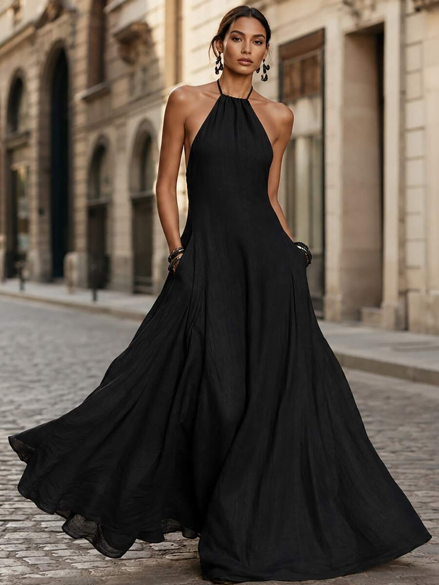 Gaun Tanpa Lengan Wanita dengan Kantong, Gaun Pesta Hitam Elegan untuk Musim Panas - Hitam - View 1