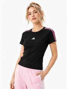 Adidas 三葉草女子短版波浪邊運動修身短袖T卹 - 黑色 - 查看 1