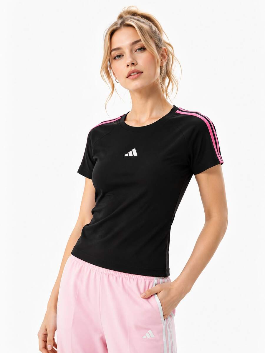 Adidas 三葉草女子短版波浪邊運動修身短袖T卹 - 黑色 - 查看 1