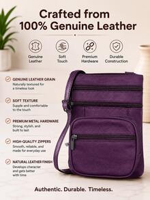 Women's Genuine Leather Crossbody Bag, Adjustable Shoulder Purse, Lightweight Travel Handbag For Work, Shopping & Daily Use - 紫色 - 查看 3