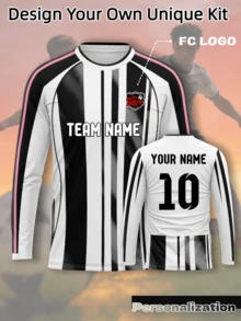 客製化 Turin Home 2526 賽季長袖條紋足球球衣上衣，經典黑白垂直條紋配粉色袖口飾邊，運動布料 - 黑與白 - 查看 1