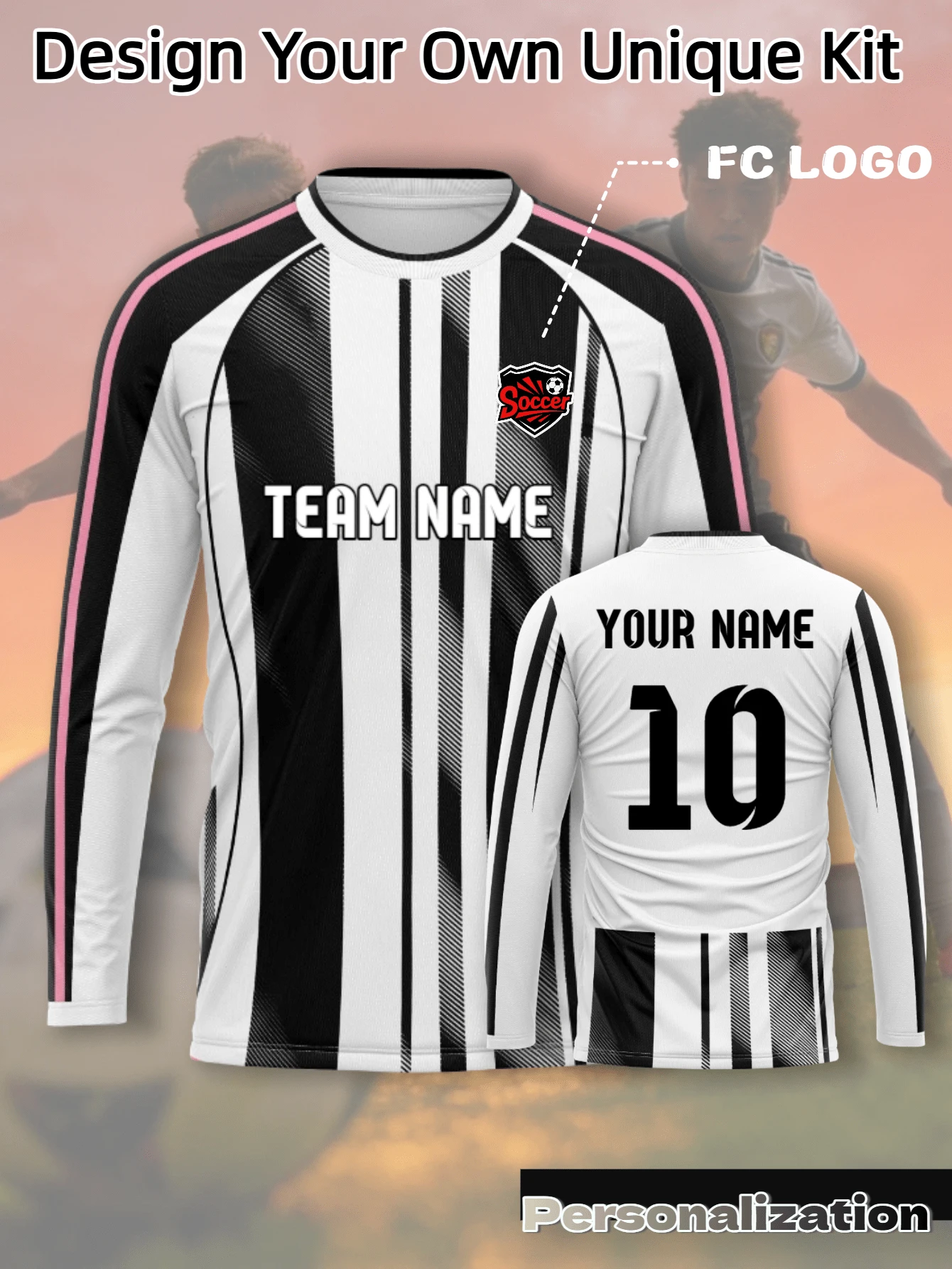 客製化 Turin Home 2526 賽季長袖條紋足球球衣上衣,經典黑白垂直條紋配粉色袖口飾邊,運動布料 - 黑與白 - 查看 1