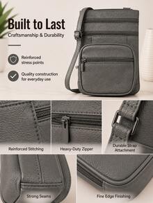 Women's Genuine Leather Crossbody Bag, Adjustable Shoulder Purse, Lightweight Travel Handbag For Work, Shopping & Daily Use - 灰色 - 查看 4