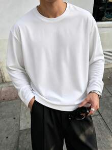 FRACTYR Men's Minimalist Solid Color Crew Neck Long Sleeve Top, Loose Streetwear Basic Long Sleeve T-Shirt - White - View 3