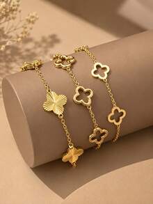 1pc/3pcs Minimalist Stainless Steel Clover Hollow Flower Decorative Bracelet, Suitable For Women Daily Wear, Party & Gift Giving, Ladies Bangle Stackable Jewelry Accessory, Vintage Jewelry - Yellow Gold - View 1