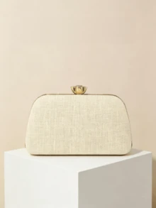 Floral Sequin Embroidered Hard Case Clutch, Elegant Linen Texture Evening Bag With Rhinestone Closure, Suitable For Weddings And Parties - Apricot - View 6
