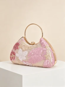 1pc Elegant Sequin Embroidered Pink Evening Clutch Bag, High-End Engagement Party Handbag With Metal Chain Handle, Suitable For Gown, Prom Dress, Formal Dinner Party - Pink - View 5