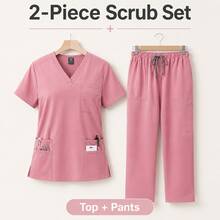 Women's Scrubs Set V-Neck Top And Cargo Pants 2 Piece Set Multi-Pocket Nursing Uniform For Dentist Vet Doctor Black - Pink - View 14