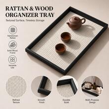 Wooden Frame Textured Leather Lining Black Edge White Bottom Rectangular Decorative Tray, Indoor Teacup Holder, Bathroom Toiletries Storage Tray, Kitchen Food Serving Platter, Living Room Coffee Table Snack Organizer, Bedroom Jewelry Display Tray - Multicolor - View 4