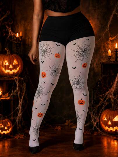 Women Plus Size Halloween Spider Web Pumpkin Bat Print Opaque Tights Pantyhose