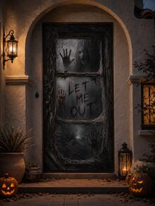 1pc Halloween Horror Door Banner, DO NOT ENTER, LET ME OUT And KEEP OUT Warning Text, Ghost Silhouette, Ghost Hand, Iron Fence And Old Window Print, Multiple Styles Available, Suitable For Front Door, Porch, Haunted House, Party And Indoor/Outdoor Holiday Decoration - Door Knocker - View 2