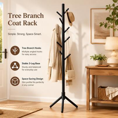 1 perchero de madera independiente de 172 cm con 7 ganchos tipo rama, base de trípode estable de 3 patas, soporte para abrigos, sombreros, bolsos y bufandas que ahorra espacio, fácil de montar, ideal para la entrada, el dormitorio, la sala de estar y la oficina. Colores: madera natural, negro y blanco.