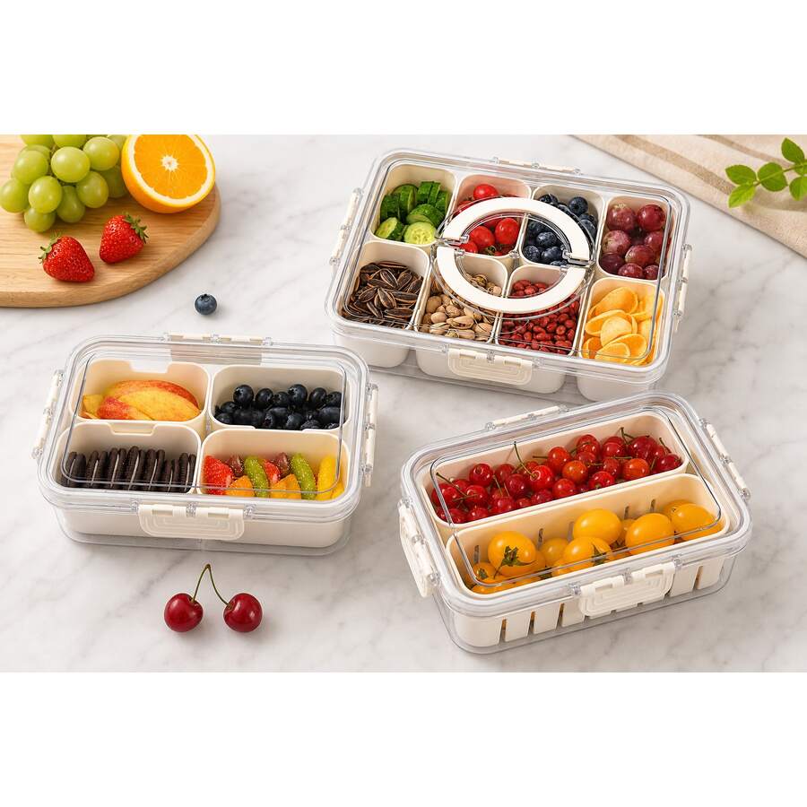 THELIFE Kotak Snack 2/4/8 Kompartemen, Piring Daging Portabel untuk Perjalanan dengan Tutup, Kotak Penyimpanan Makanan Kulkas, Pengatur Snack Buah, Kotak Penyimpanan Terbagi, Kotak Salad, Menjaga Kesegaran Lebih Lama, Aksesoris Dapur, Persiapan Makanan, Peralatan Dapur. - View 1