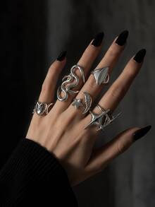 3 piezas Anillos apilables ajustables asimétricos con diseño hueco de estrella, luna y ráfaga, estilo Y2K de Halloween, estilo de fantasía y magia para fiestas y celebraciones - color acero - Ver 3
