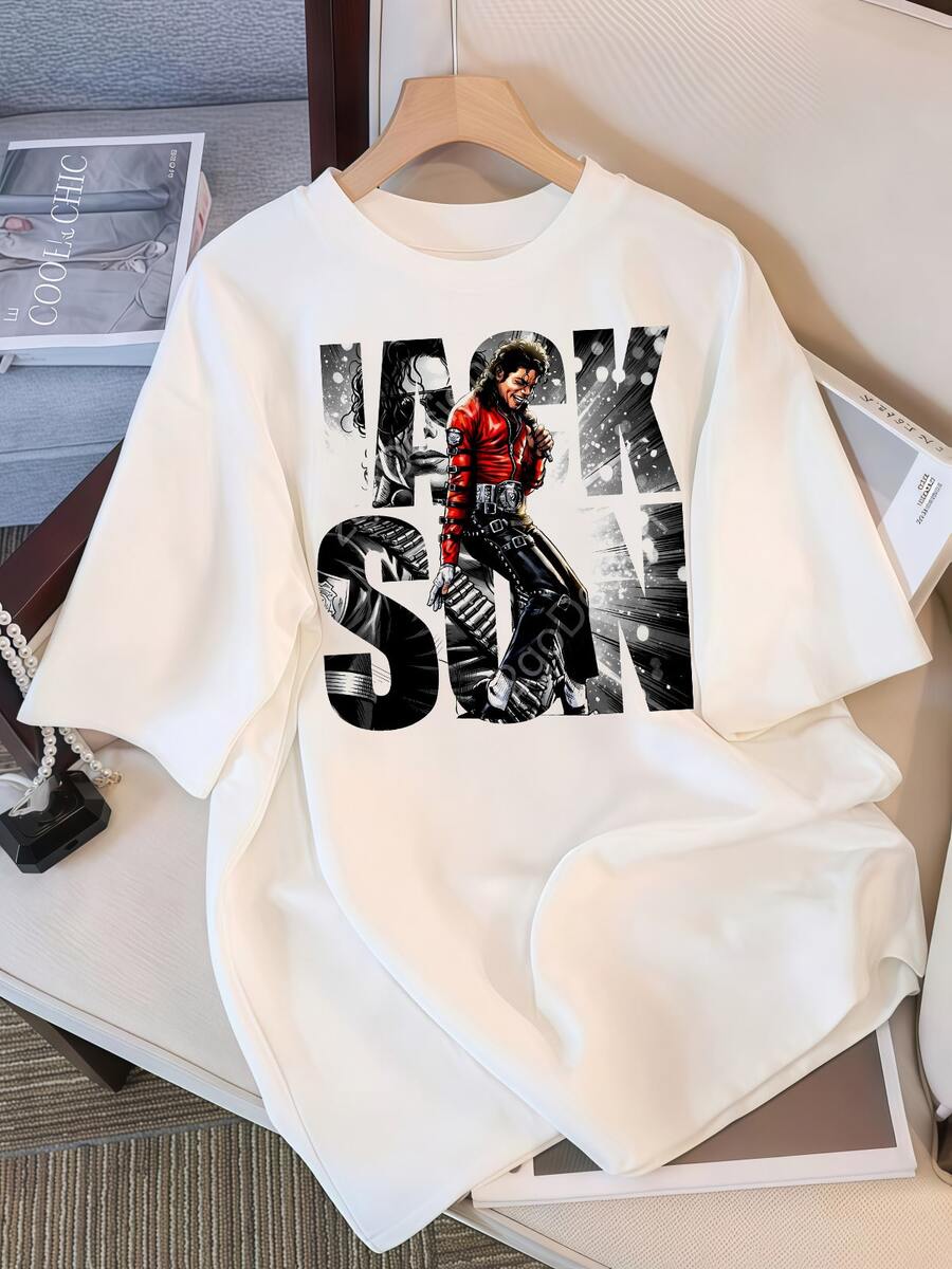 Michael Jacksons Comic Portrait Graphic T‑Shirt Oversized Pop Music Pure Cotton Plus Size Women Tee Fan Merch Short Sleeve 2026 - 白色 - 查看 1