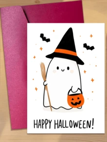 1pc Cute Watercolor Ghost, Pumpkin, Bat Greeting Card With Envelope, Autumn Floral Crown Little Ghost Postcard, Festive Halloween Invitation & Blessing Card For Friends And Children - A - View 1