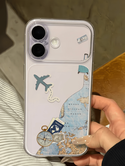 1pc Transparent Airplane & Nautical Sticker Personalized Minimalist Soft TPU Shockproof Full Coverage Anti-Fouling Fashion Phone Case Compatible With Apple 18 17 16 15 14 13 12 11 Pro Max Air
