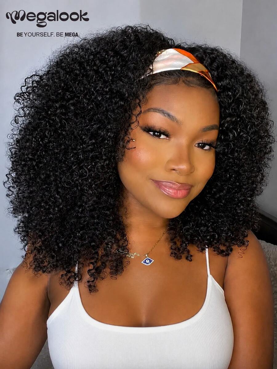 MEGALOOK Afro Kinky Curly 3合1半頭套 無膠半頭套 100%真髮附抽繩 自然色 初學者友善 捲髮假髮 自然外觀 日常使用 - SNatural - 查看 1