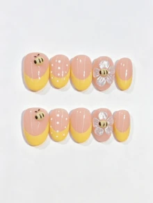 Kawaii 3D Bee Flower 10pcs Handmade Press On Nails, Short Oval Pink Yellow French Tip Artificial Nails, Sweet Cartoon False Nails ,Back To School - White - View 9