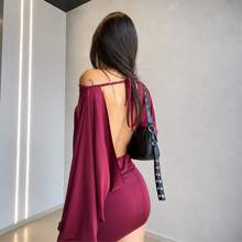 Vestido Curto Feminino Sensual Costas Nuas Amarração Manga Longa Flare Drapeado Tubinho Festa Balada - Marsala - Visão 4