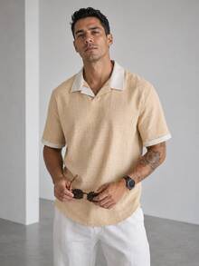 Blueprint Man 1件男士 Polo 衫，杏色對比領無鈕扣 Polo 衫，紋理垂墜仿亞麻面料，舒適輕盈透氣清爽，抗起球吸汗，休閒商務通勤風，日常通勤商務休閒夏季度假旅行老錢風，建議選小一號以獲得更好貼合感 - 卡其色 - 查看 2