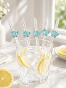 2pcs/5pcs Reusable Clear Glass Straws With Transparent Light Blue Whale Accents, Cute Ocean Themed Marine Animal Decor Drinking Straws For Boba Milk Tea, Juice,Iced Coffee&Cold Drinks, Ideal For Beach Parties, Outdoor Picnics, Perfect Gift For Girls. - Style G - View 6