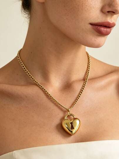 1pc Fashion Luxury Exquisite Heavy Craft Heart-Shaped Keyhole Pendant Necklace, High-End Minimalist Elegant Women's Style