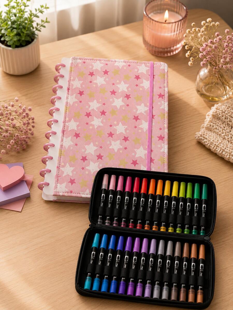 Kit Caderno Inteligente + Canetas Dual Brush 60 Cores - Volta às Aulas - Rosa com Estrela - Visão 1