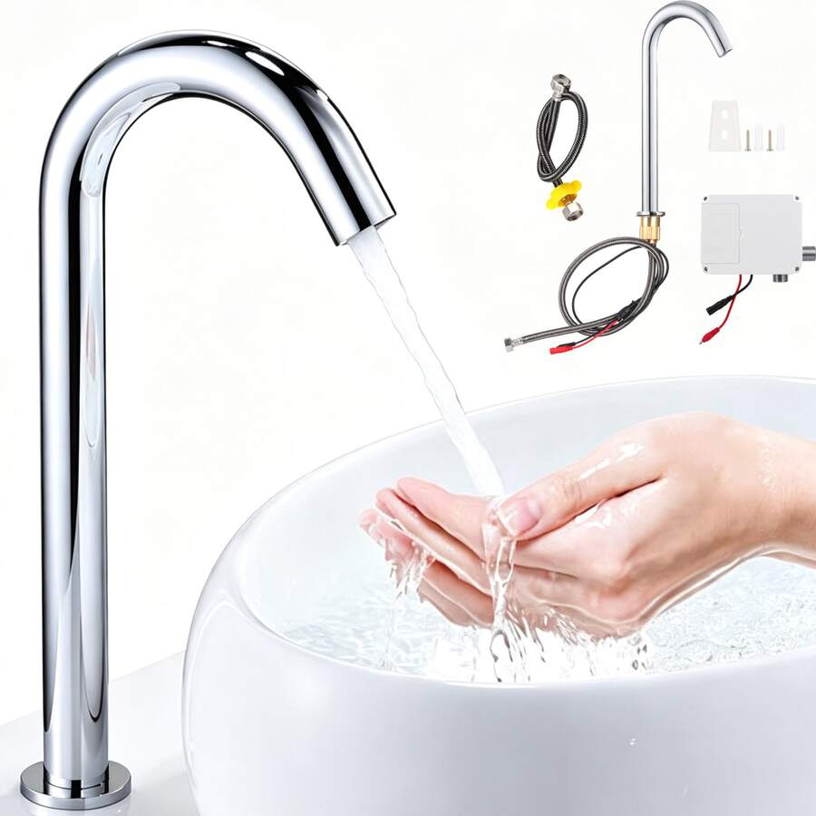 G1/2in Automatic Induction Touchless Faucet For Sink With Control Box For Bathroom Hand Washing - Silver - View 1
