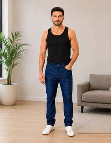 Calça Jeans Masculina Elastano Lycra Reta Tradicional Azul Confortável Trabalho Promoção - Azul - Visão 10