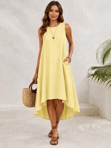 Women's Asymmetrical Dress, Sleeveless High Low Hem Beach Dress, Breathable Summer Midi Dress For Vacation Outfits Women And Resort Wear - 黃色 - 查看 2