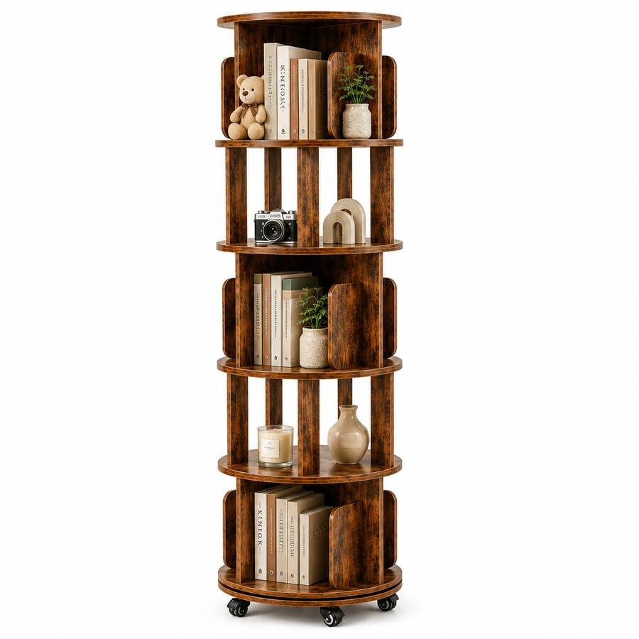 Estantería giratoria de madera de 5 niveles sobre ruedas, redonda, para espacio pequeño, esquina, recámara, habitación de niños, oficina torre giratoria 360 tipo, estantería vertical giratoria para libros tipo carrusel redondo, organizador ahorrador de espacio,Librería Giratoria en El Suelo - A - Ver 1