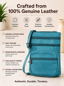 Women's Genuine Leather Crossbody Bag, Adjustable Shoulder Purse, Lightweight Travel Handbag For Work, Shopping & Daily Use - 淺藍色 - 查看 3