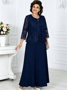 Elegant Plus Size Mother Of The Bride Gown With Embroidered Jacket, V-Neck Dress, Suitable For Formal Occasions - Navy Blue - View 2
