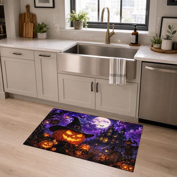 1pc Pumpkin Pattern Printed Diatomaceous Earth Kitchen Mat, Halloween, Can Be Used As Halloween Gift, Halloween Decoration, Absorbent Kitchen Floor Mat, Kitchen Rug, Long Runner Mat, Sink Front Mat, Suitable For Kitchen, Bathroom, Entryway, Hallway, Laundry Room And Home Decor