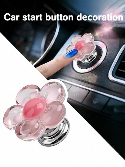 1pc 2.9cm X 2.2cm Mini Cute Gradient Translucent Pink 5-Petal Flower Resin + Metal Base Anti-Scratch Decorative Cover, Easy-To-Apply Self-Adhesive No-Residue Universal Car One-Touch Start/Stop/Ignition Button Ornament, Girl/Teenage Car Interior Modification Accessory, Fits Sedan SUV Electric Vehicle Truck, Birthday Valentine's Day Holiday Gift Car Decor