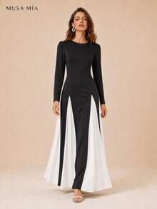 High Neck Velvet Color Block Chiffon Maxi Evening Dress - 黑色 - 查看 7