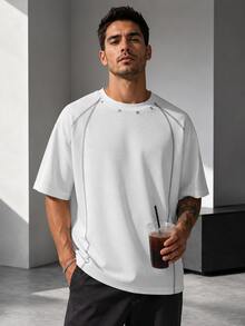 1pc Men's T-Shirt, White Waffle Texture With Rivet Decor, Waffle Knit Fabric, Loose Fit Stylish Design, American Casual Street Style, Suitable For Daily And Summer Wear - White - View 10