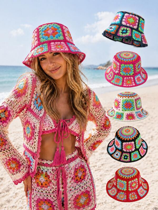 1pc Colorful Crochet Bucket Hat, Granny Square Patchwork Sun Hat, Bohemian Vacation Beach Hat, Women's Casual Travel Hat