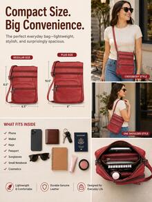 Women's Genuine Leather Crossbody Bag, Adjustable Shoulder Purse, Lightweight Travel Handbag For Work, Shopping & Daily Use - 紅色 - 查看 5