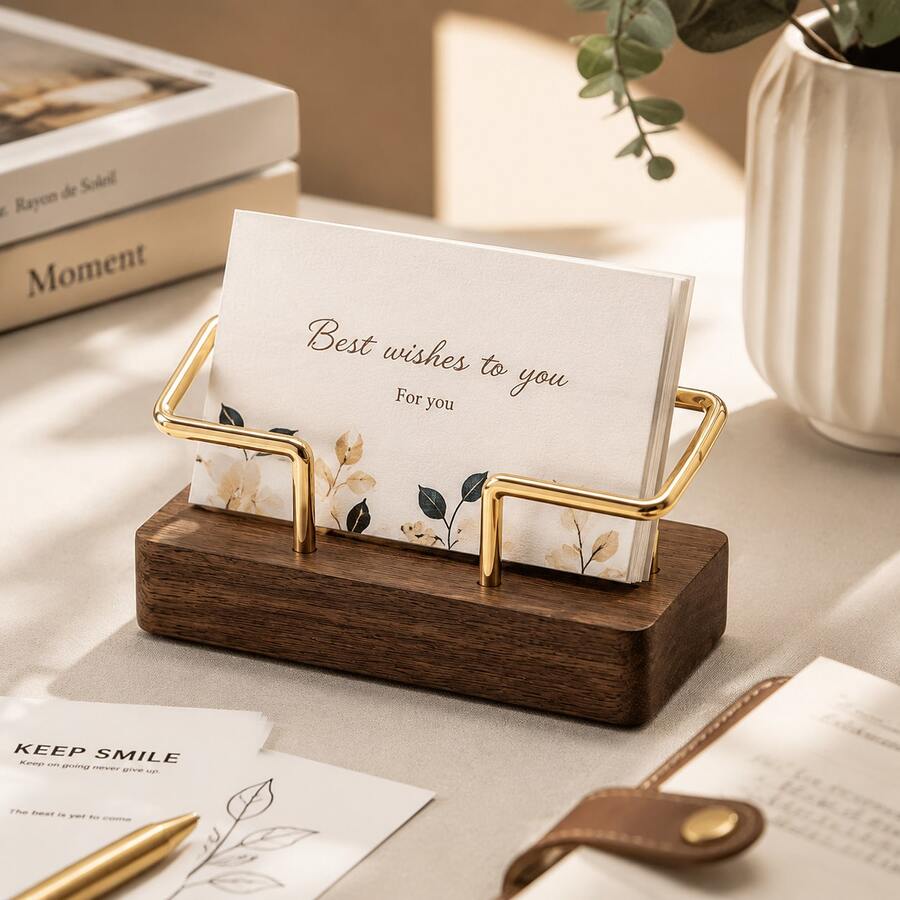 1 Peça Suporte de Cartão de Visita Criativo em Madeira Maciça, Caixa de Armazenamento de Cartões, Clipe de Cartão, Suporte de Cartão de Visita em Madeira com Suporte de Metal Dourado, Elegante Expositor de Cartão de Visita para Mesa, Ferramenta de Armazenamento de Mesa de Escritório Moderna, Decoração Minimalista para Home Office, Suporte de Cartão de Visita Vertical para Mesa, Essencial de Escritório, Presente para Pai, Dia dos Pais, Halloween, Natal