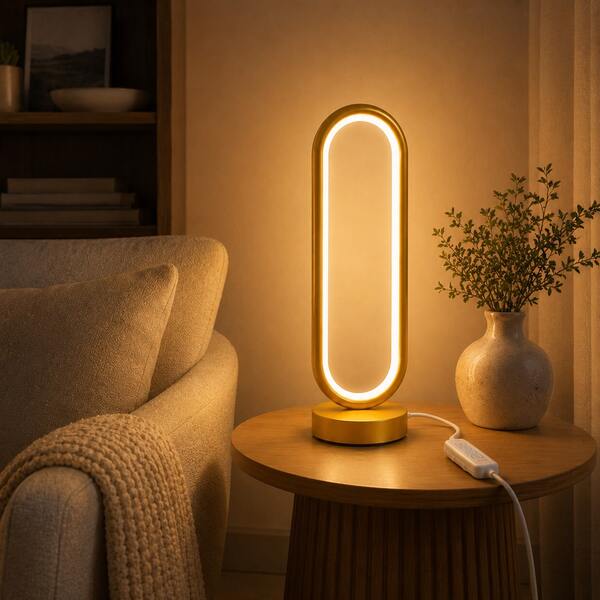 Small Gold Table Lamp, Race Track Shape 3 Color Dimmable USB Acrylic Desk Nightstand Light For Bedroom Living Room Christmas Decor