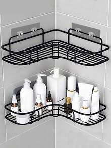 2pcs Bathroom Triangle Corner Shelf No Drilling Storage Rack, Bathroom Kitchen Storage Organizer, Practical Home Storage Tool, Home Decor - Black - View 2