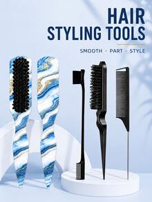 1pc Smooth Back Comb Set, Suitable For Creating Smooth Ponytail Bun, Smoothing Frizz, Controlling Hairline, Backcombing And Volumizing Styling. Wide-Tooth Comb Head Convenient For Sectioning And Parting. Suitable For Hair Salons, Beauty Parlors, Travel And Beauty Care - Multi-color - View 3
