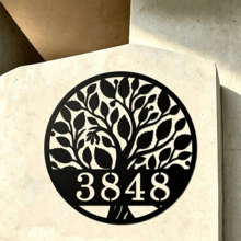 3 Sizes Available! Personalized Tree Of Life Metal Sign, Custom Number Address Plaque, Wall-Mounted Metal Wall Art Home Decor For Front Door, Porch, Yard - Black - View 2